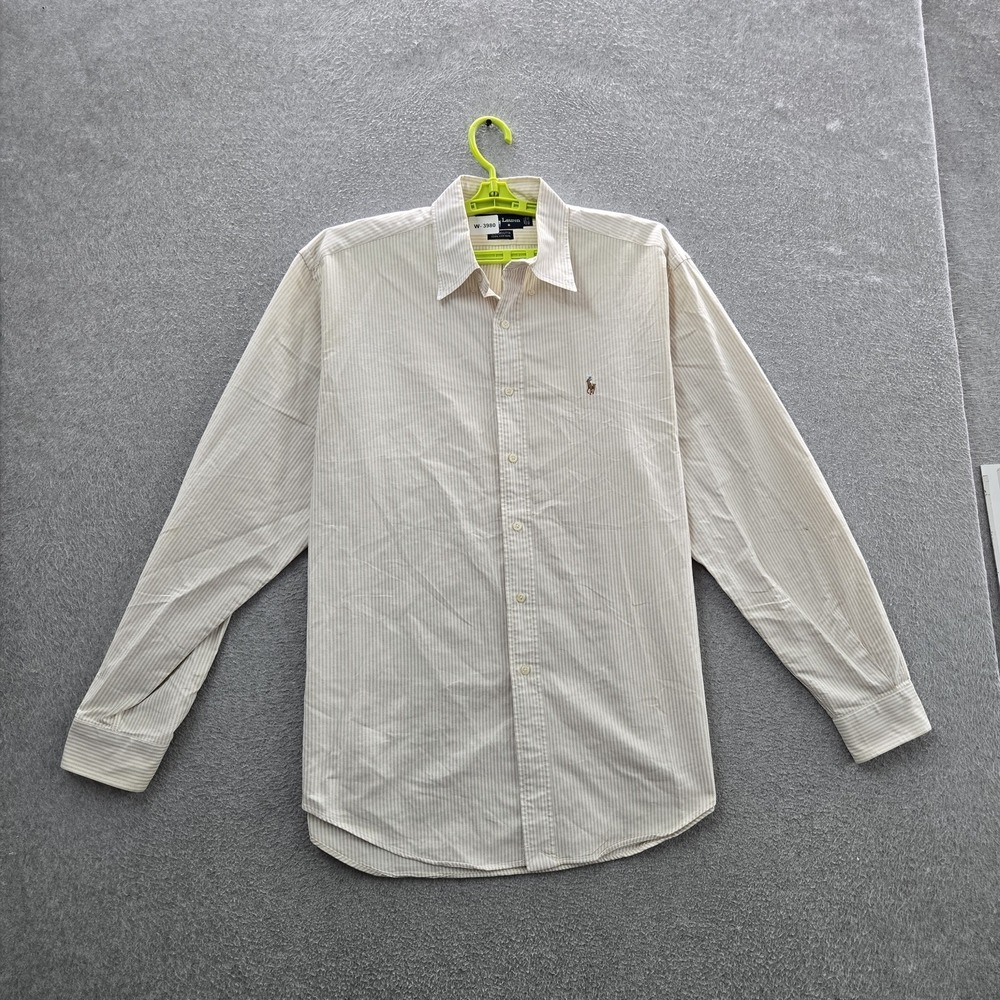 Ralph Lauren Men Button Up Shirt 16 1/2 - 35 Beige Embroidered Striped YARMOUTH